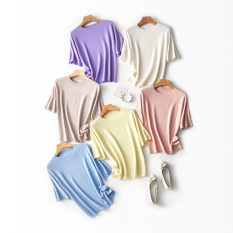 Spring New Women's Round-Neck Seamless Sequined Yarn Mid-Sleeve Knitwear 100% Wool Slim-Fit Base Sweater for Women