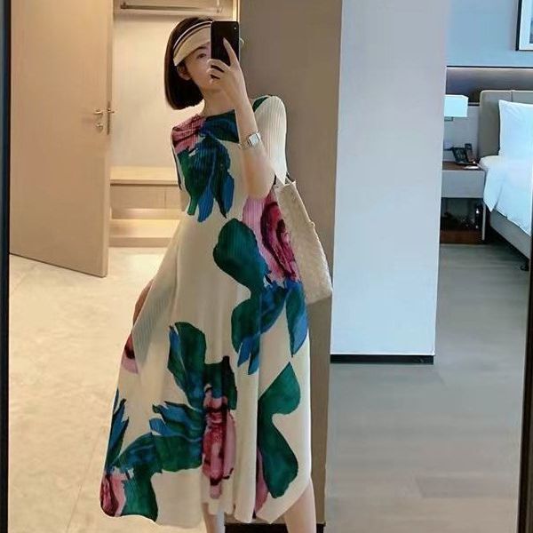 Miyake Shopee High-End Mature Style Pleated Dress Summer Fashion Short-Sleeve Flared A-Line Dress