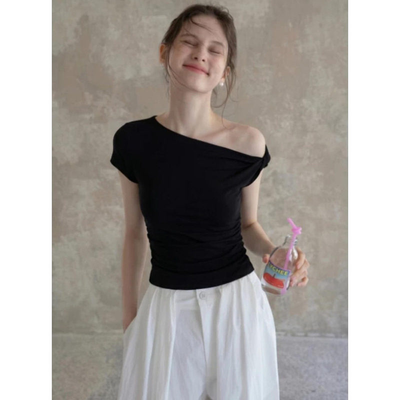 Black Asymmetrical Shoulder Short-Sleeve T-Shirt for Women, Summer 2026 New Style, Off-Shoulder, Slim Fit, Unique and Stunning Waist-Cinching Crop Top Black Asymmetrical Shoulder Short-Sleeve T-Shirt for Women, Summer 2026 New Style, Off-Shoulder, Slim Fit, Unique and Stunning Waist-Cinching Crop Top