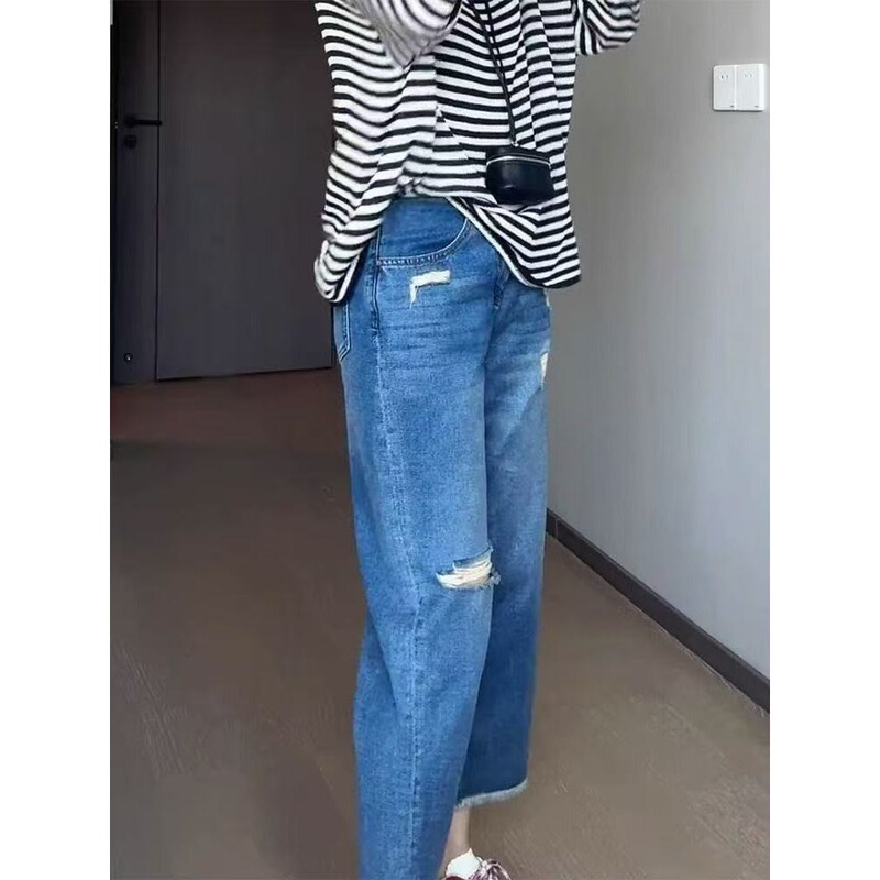 2025 Autumn Original High-Waisted Ripped Slimming Light Blue Flared Fishtail Washed Frayed Jeans