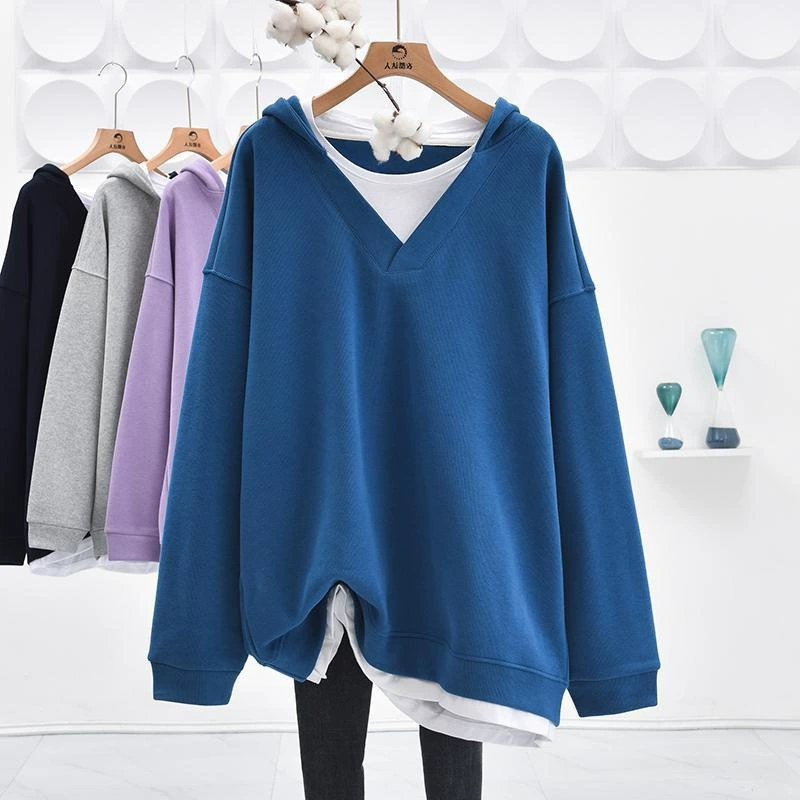 Весенний и осенний большой размер контрафактные два предмета с капюшоном свитерская женщина 300 фунтов корейская толстая ММ свободная дикая верхняя рубашка средней и длинной