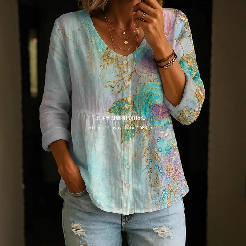 2026 New Model Independent Foreign Trade Shirt Cross-Border Top Round Neck European Size Women's Floral 3D Print Henley Shirt 2026 New Model Independent Foreign Trade Shirt Cross-Border Top Round Neck European Size Women's Floral 3D Print Henley Shirt