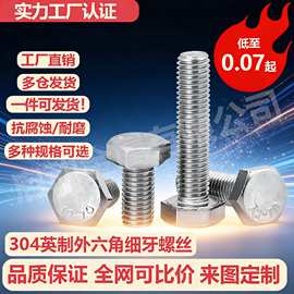 英制304不锈钢外六角unc螺丝加长美标细牙unf螺栓六方螺杆1/4 3/8