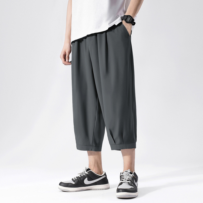 2024 Men's Casual Pants Shadowless Wall Ice Silk Nail Plus Size Loose Casual Capri Pants for Students