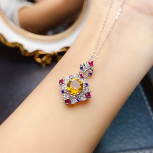New natural citrine pendant S925 silver inlaid main stone 8*8mm Joker net red explosions women's jewelry wholesale