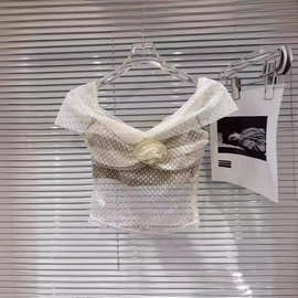 网红同款2024夏季新款性格名媛褶皱花朵微透纯欲风短袖蕾丝衫小衫