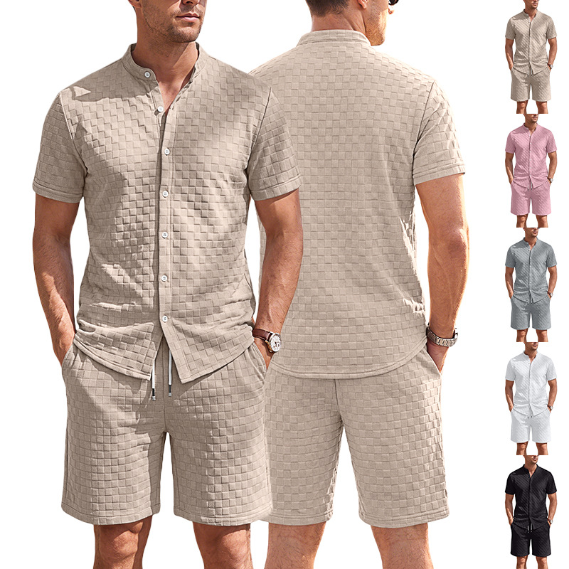 Nuevo transfronterizo Europa y América Amazon verano hombre nuevo Waffle camisa de solapa casual manga corta pantalones cortos