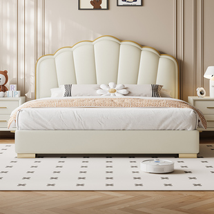 ✅ Ten Tigers Cream Style Leather Bed Master Bedroom Modern Simple Princess Girl Children's Bed Soft Bed Small Apartment Home New