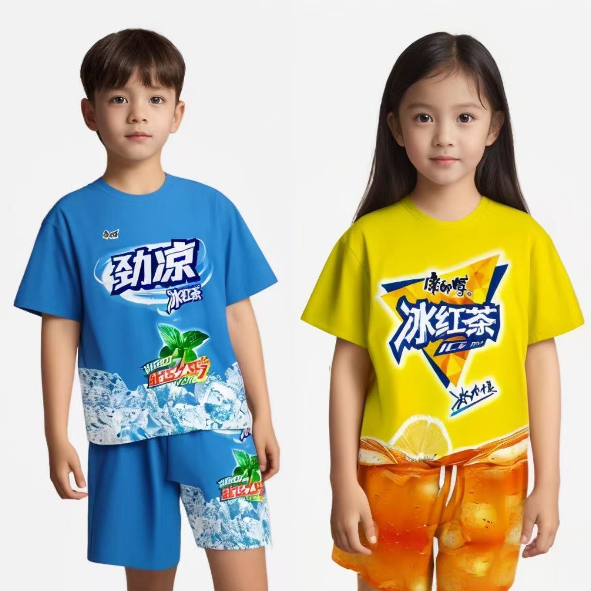 儿童夏季套装冰红茶搞笑服男女童冰绿茶劲凉短袖短裤中大童两件套