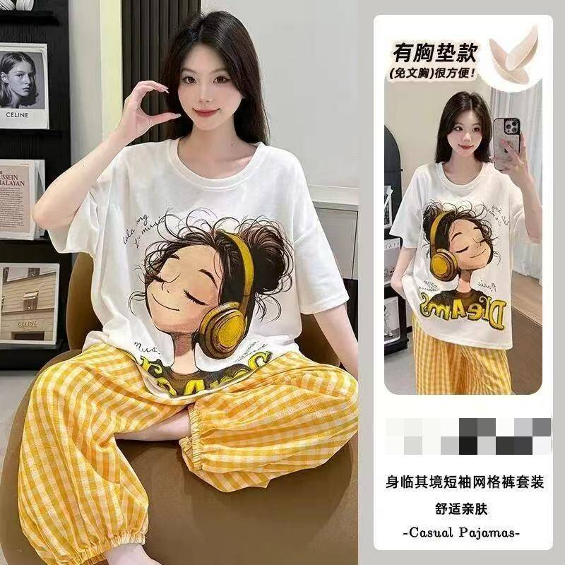 (现货)2025带胸垫睡衣女夏季短袖长裤可爱卡通加肥大码家居服套装