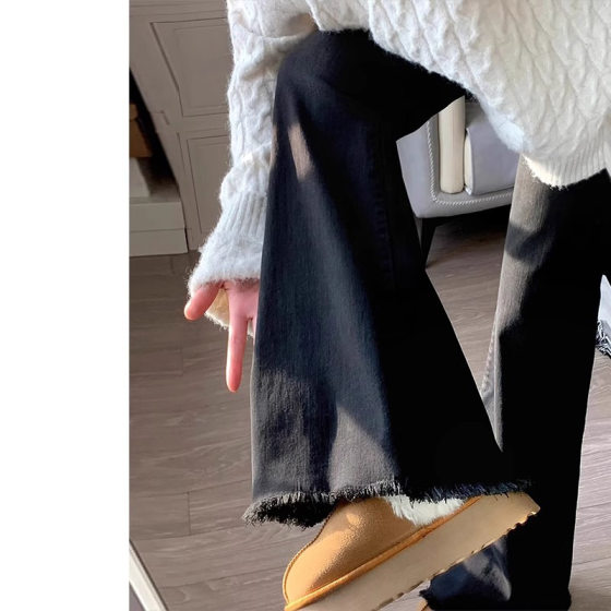 Black Pear-shaped Body Ruffed Micro-lar Jeans Women's 2024 Autumn plus size chubby girl High Waist Elastic Slim Pants