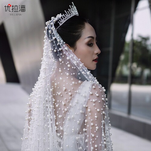 Ulapan cross-border new luxury heavy-duty bridal pearl veil, beaded tail yarn, wedding main yarn V139