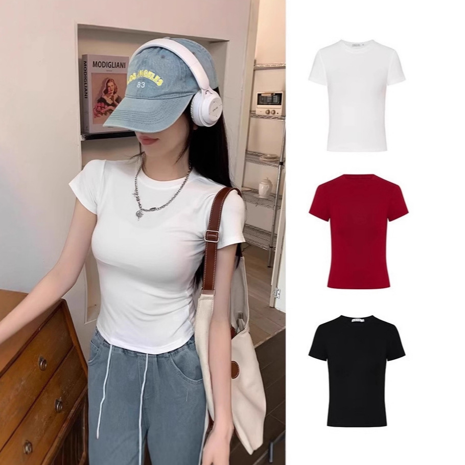 GIRL American Style Red Short-Sleeve T-Shirt Women's Summer Slim Fit T-Shirt with Straight Shoulders, Hot Style Solid Color T-Shirt, Export Style Manufacturer
