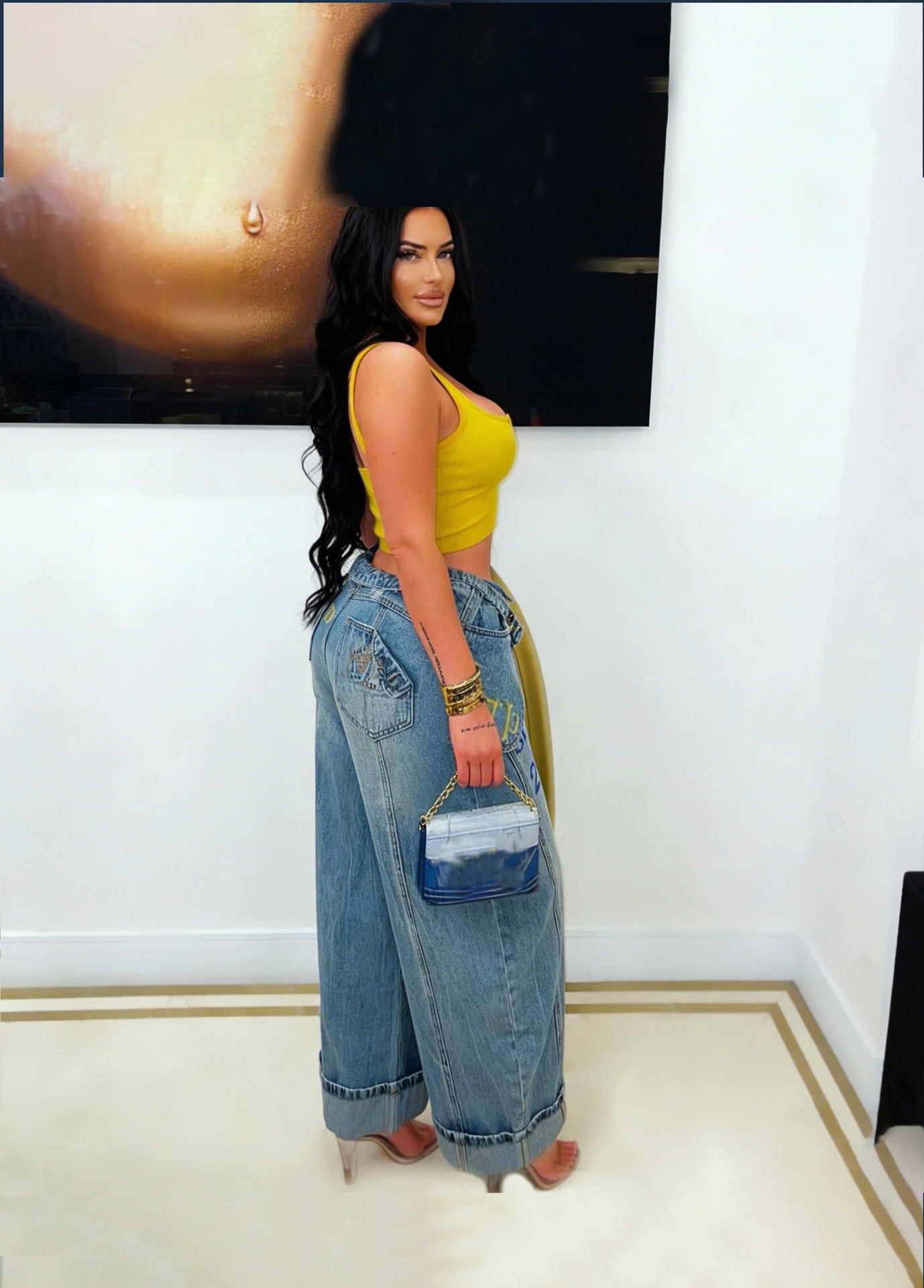 Women's Faux Two-Piece Layered Double Waist Printed Loose Wide Leg Jeans Style New_mkmklike.com