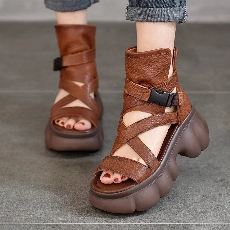 2025夏季厚底休闲罗马凉鞋PU复古露趾鱼嘴高跟松糕凉靴子女百搭