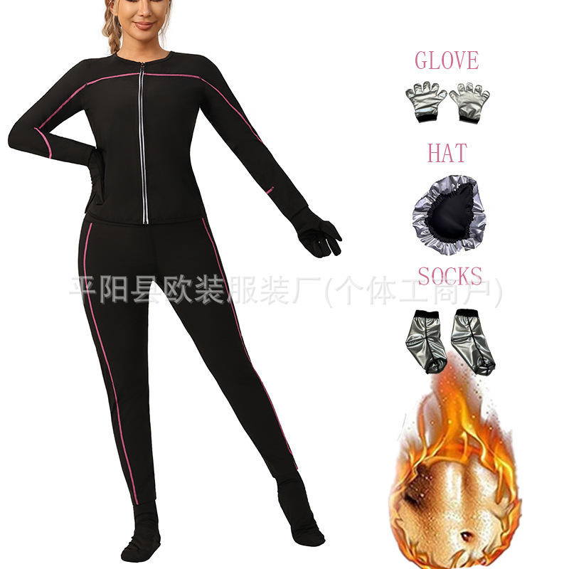 Cross-Border Popular Women's Fitness Clothing, Pink Line Stitching Long-Sleeved Suit, Sports Sweat Suit, Training Sauna Suit, Body Shaping Clothing