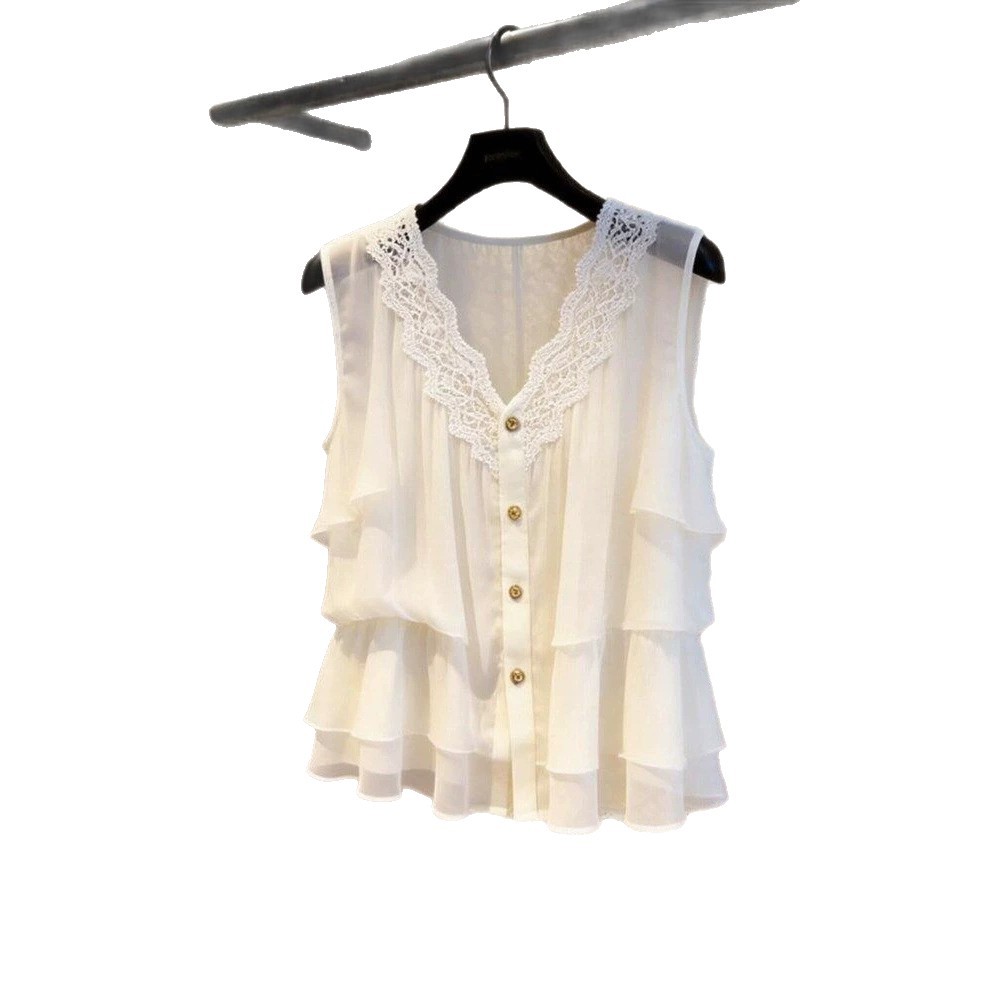Áo ren trắng cổ chữ V không tay thiết kế thanh lịch — trắng chi tiết 4