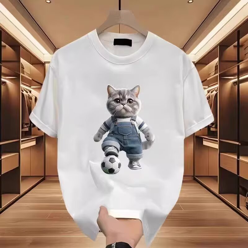 American trendy short-sleeved T-shirt for men, new summer style, fun brick-moving cat print, couple outfit, versatile and super popular top.