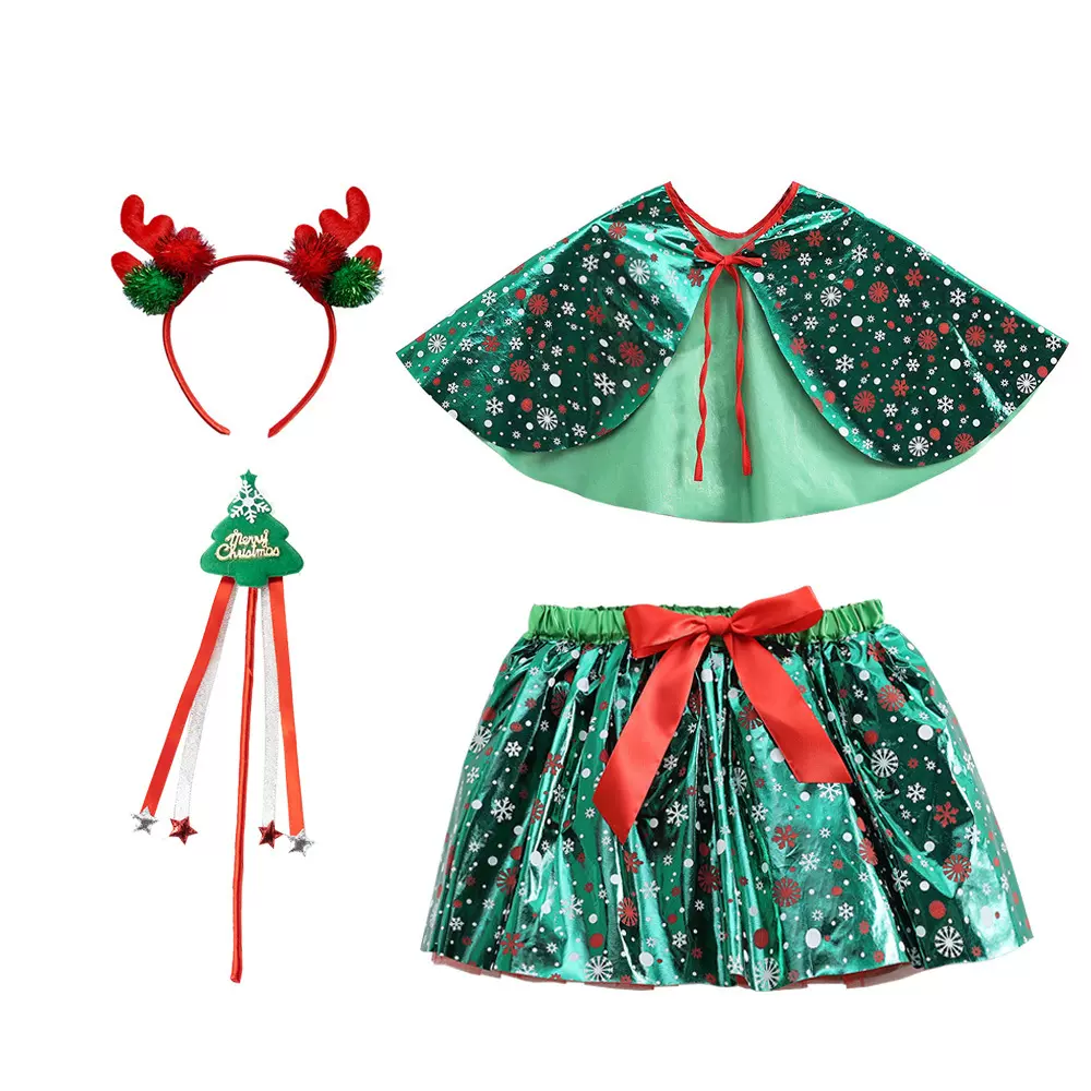 2025新款圣诞节tutu裙披风魔法棒鹿角头箍四件套装女童裙套装欧美