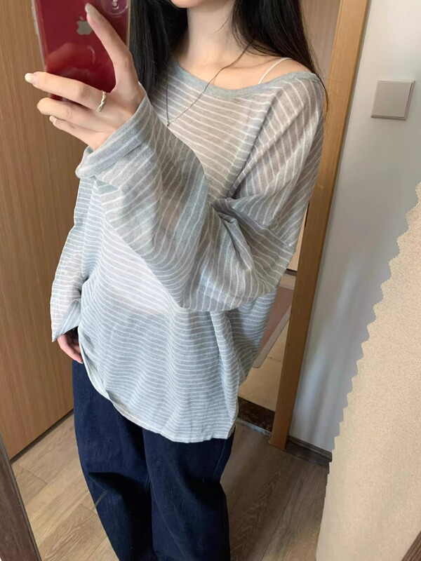 韩系条纹圆领防晒长袖针织T恤女装夏季新款韩系宽松薄款罩衫上衣|undefined