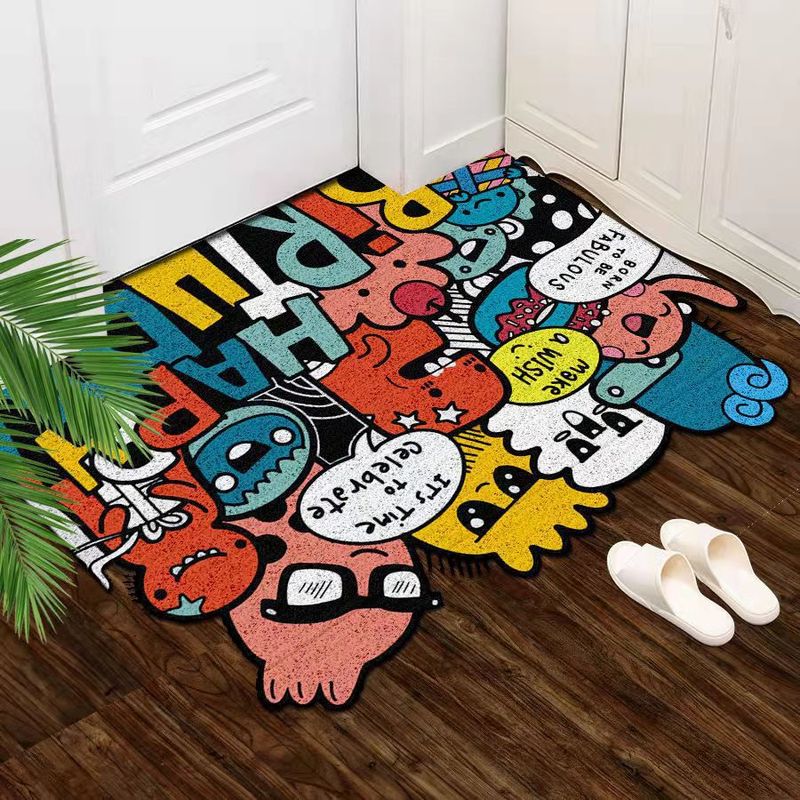 WO 漫画動物シルクサークル玄関ドアフロアマットカーペット PVC 耐摩耗性ドアホームフットマットカット可能|undefined