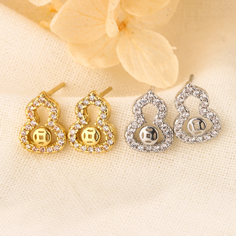 招財小葫蘆耳釘滿鑽鋯石銅錢縷空迷你耳環小眾高級感耳飾女