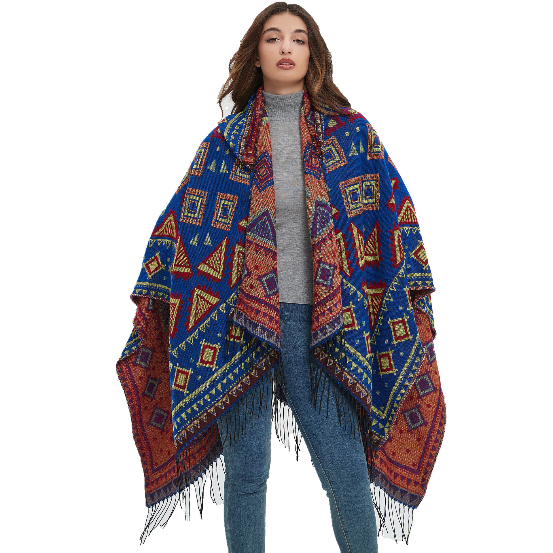 Unisex Hooded cape Winter travel jacquard fringed shawl for women_viptrois.com