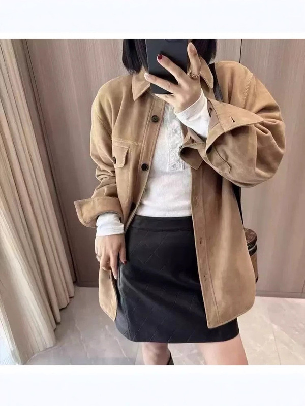 欧货南油2025新款真皮皮衣女山羊皮外套中长款夹克上衣反绒衬衫潮|undefined