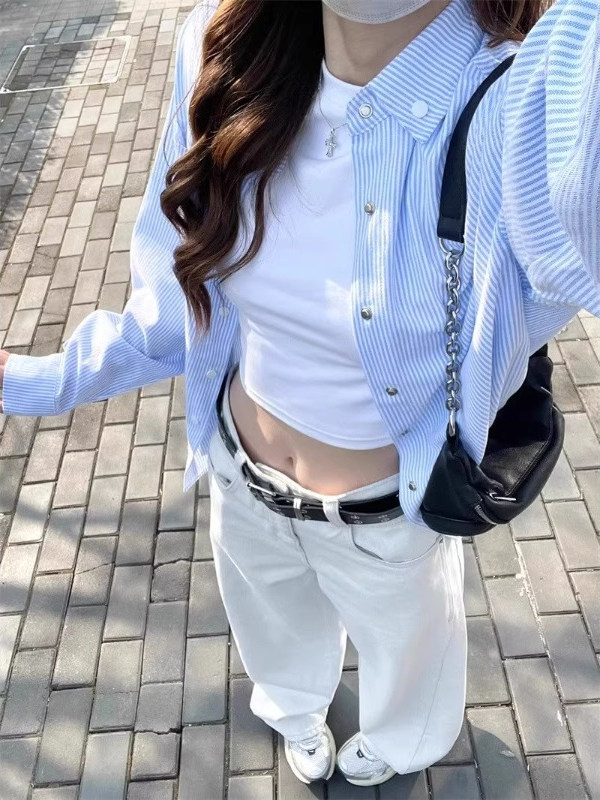 复古港风条纹衬衫女2025秋新款蓝色衬衣韩版宽松休闲开衫外套潮衣|undefined