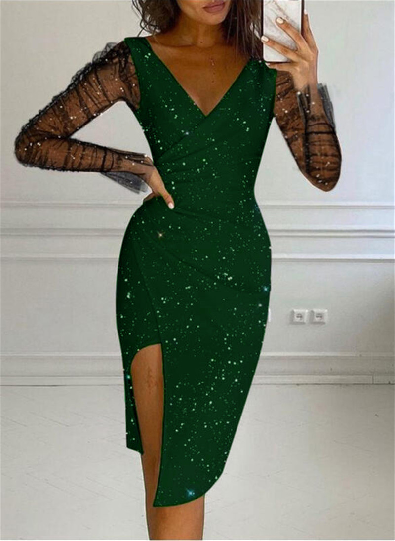 Damenbekleidung [Sofort lieferbar] Herbst Damen Pailletten V-Ausschnitt Hüftgewickelt Sexy Mesh Kleid für Damen_voghion.com