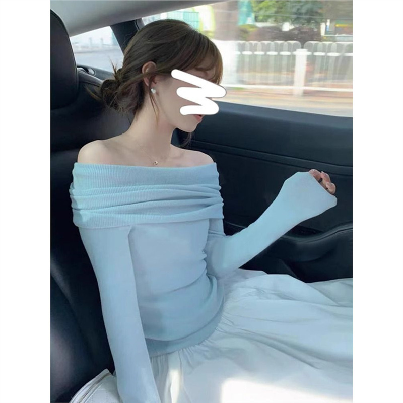 法式高级感一字肩长袖针织衫女早秋气质温柔露肩别致绝美小上衣潮|undefined