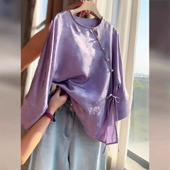 新しい中国風のパープルルーズ唐スーツシャツ女性のための 2025 夏の新しい長袖日焼け止め優しい年齢軽減トップ