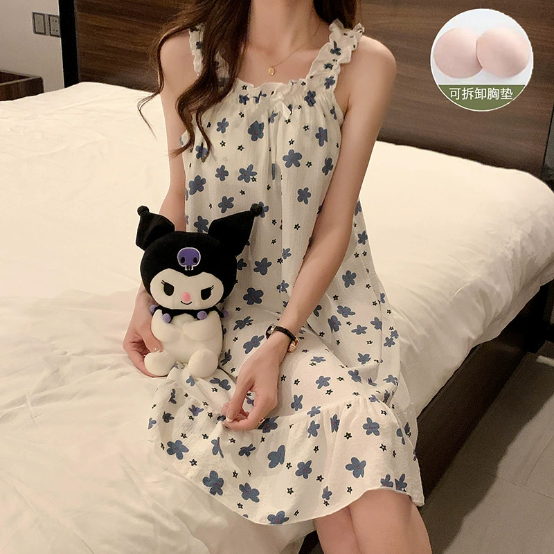(Скидка на большое количество) Хлопковая ночная рубашка с синими цветами и подкладкой на подтяжках для девочек, летняя милая принцесса, повседневная домашняя одежда
