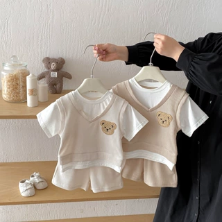 加工定制华夫格短袖假两件套婴幼儿童夏季薄款休闲衣服运动套装