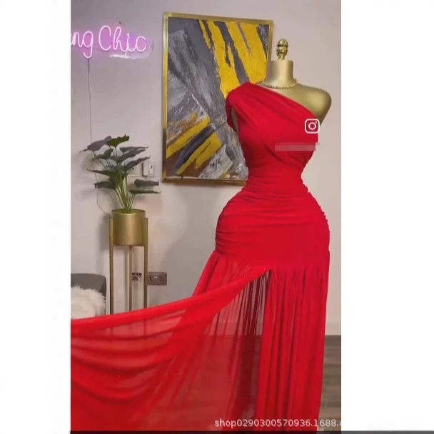 Sdm123 Elegant One-Shoulder Long-Sleeved Slit Long Dress Red Mesh Long Dress Holiday Long Dress New Product