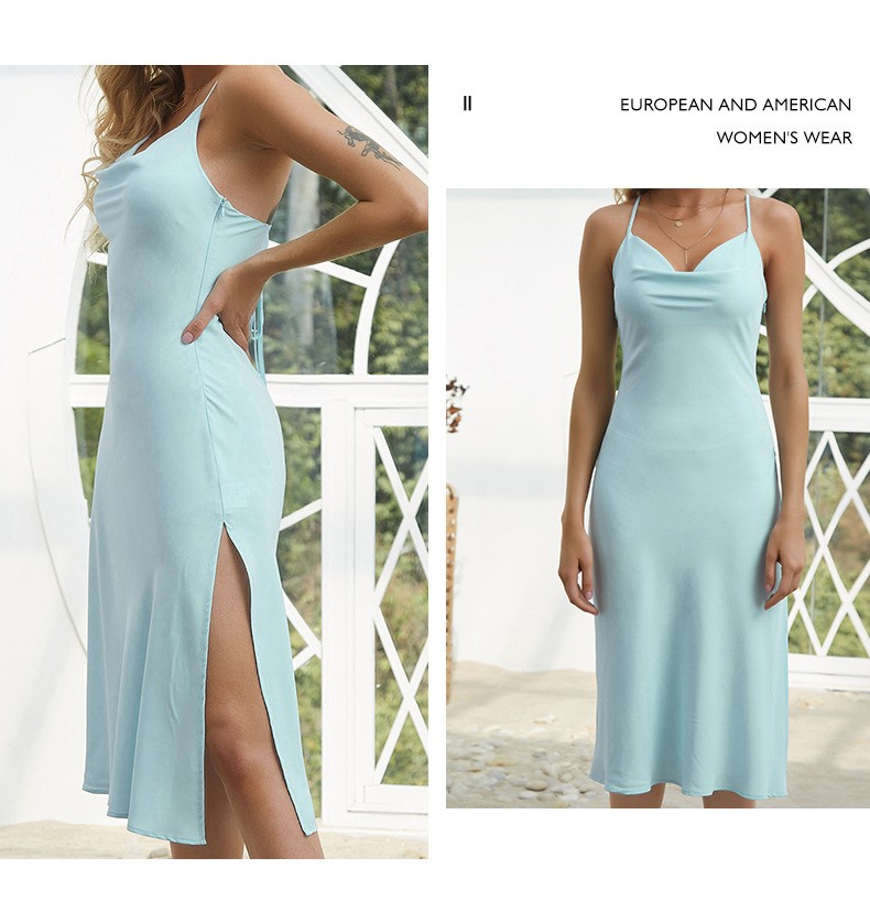 mid-length satin backless suspender slit dress nihaostyles wholesale clothing NSGHW84624