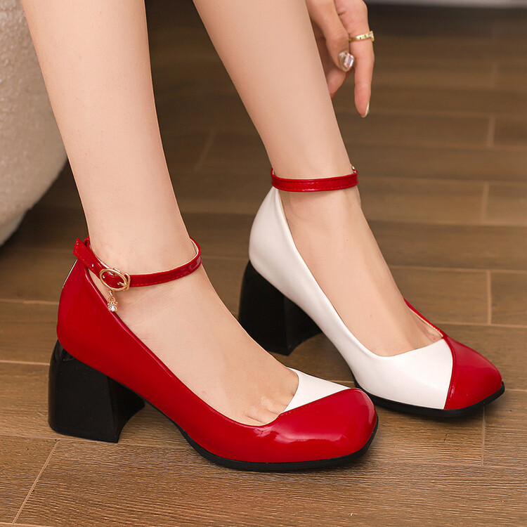 Patent leather square toe color matching single-layer shoes 2023 foreign trade new European and American style round toe shallow mouth ring leg lace-up thick high heel women's shoes
