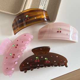 韩国高级感水钻樱桃马尾夹醋酸发夹弹簧夹背后马尾横夹发卡发饰品