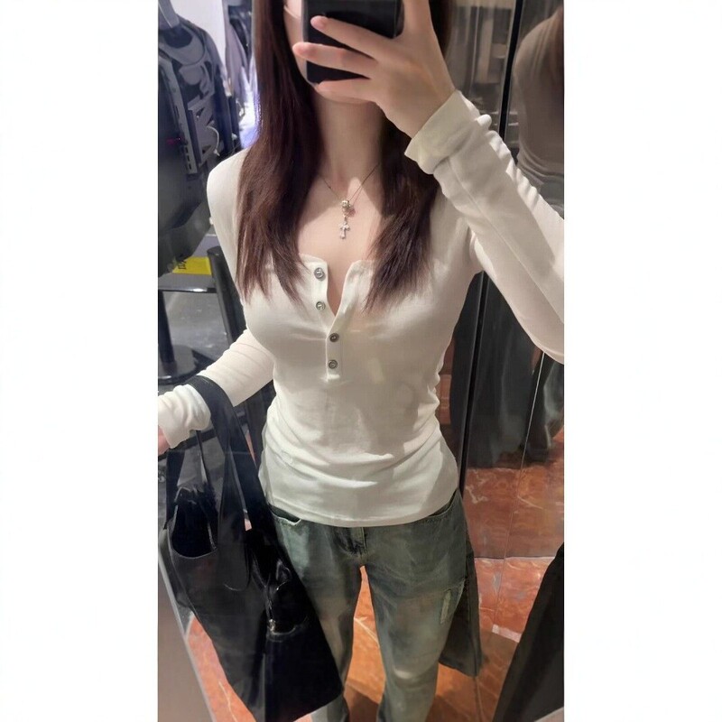 Purely desirable hot girl V-neck bow long-sleeve T-shirt for women, early spring stylish inner wear, slim-fit, versatile base shirt top Purely desirable hot girl V-neck bow long-sleeve T-shirt for women, early spring stylish inner wear, slim-fit, versatile base shirt top