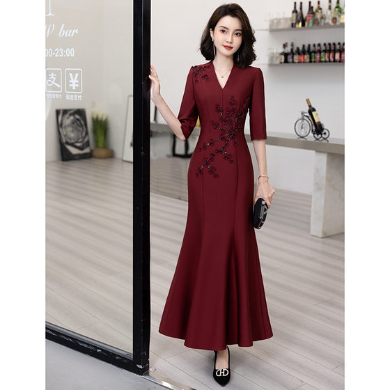 High-end Mother-in-law Wedding Dress wine red Wedding Young Mother Elegant and Western Style Evening Dress Fishtail Dress