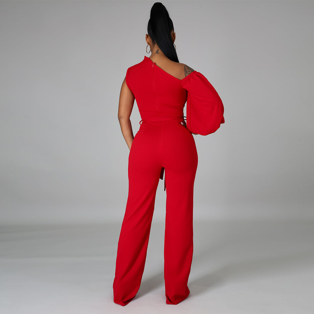 single-shoulder long sleeve lace-up wide-leg solid color jumpsuit NSMYF125965