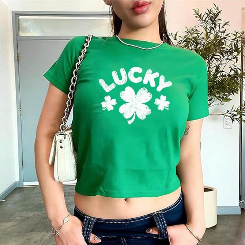 Cross-Border Amazon St. Patrick's Day Clover Pattern Girls' Short Raglan Sexy Crop Top T-Shirt