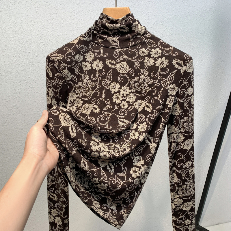 Camisa de fondo de cuello alto para mujer 2023 nuevas mujeres europeas vintage impreso estilo occidental pequeña camisa elástica Cintura interior apretada superior