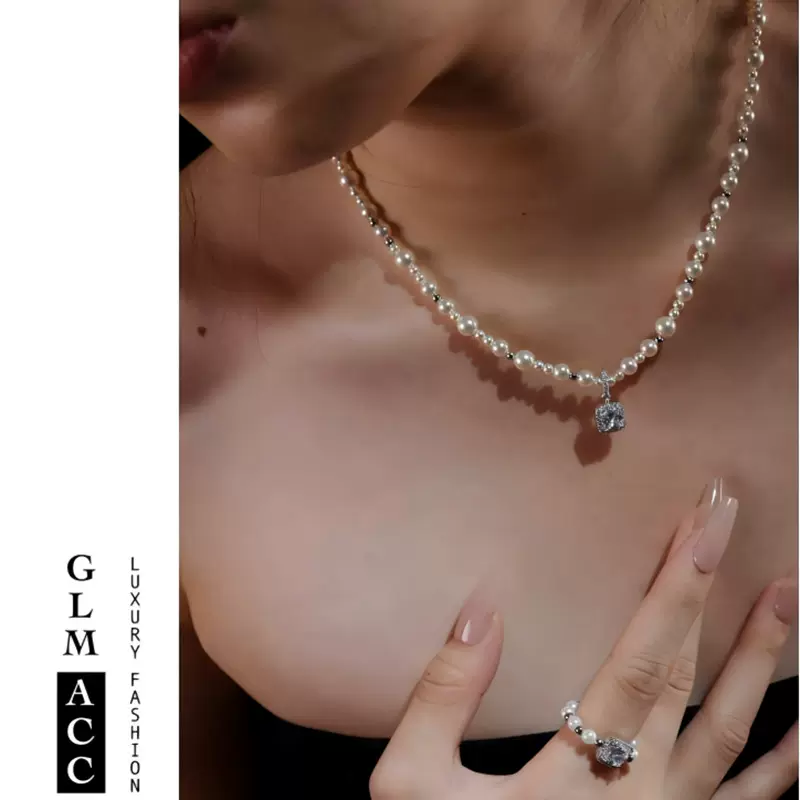 亚马逊方糖BLING珍珠项链女 气泡设计锁骨链饰品女高级感珍珠套装