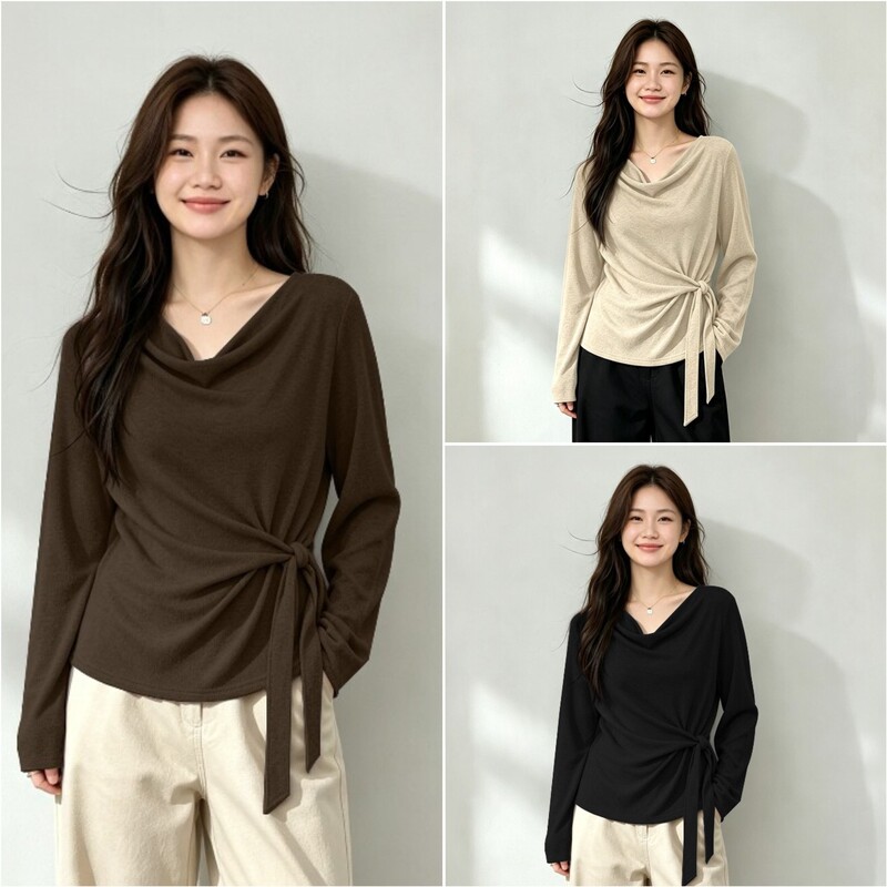 Plus-size women's autumn new collection: elegant and stylish knitted top with a ruffled neckline and tie-waist design, model 3770