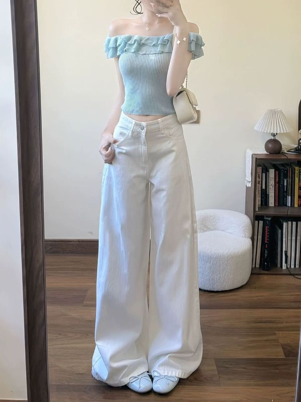 【韩牛】白色阔腿牛仔裤女2025新款秋季高腰显瘦宽松遮胯垂感直筒|undefined