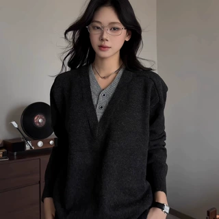 源头工厂高级感小众外套美式复古设计感长袖毛衣男假两件针织衫