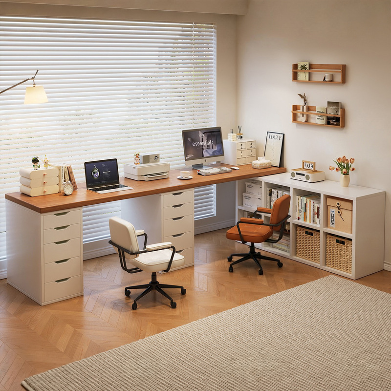 Double desk for home use, bedroom, office, and study, with integrated bookshelf and drawers, long rectangular table, and extendable computer desk Double desk for home use, bedroom, office, and study, with integrated bookshelf and drawers, long rectangular table, and extendable computer desk