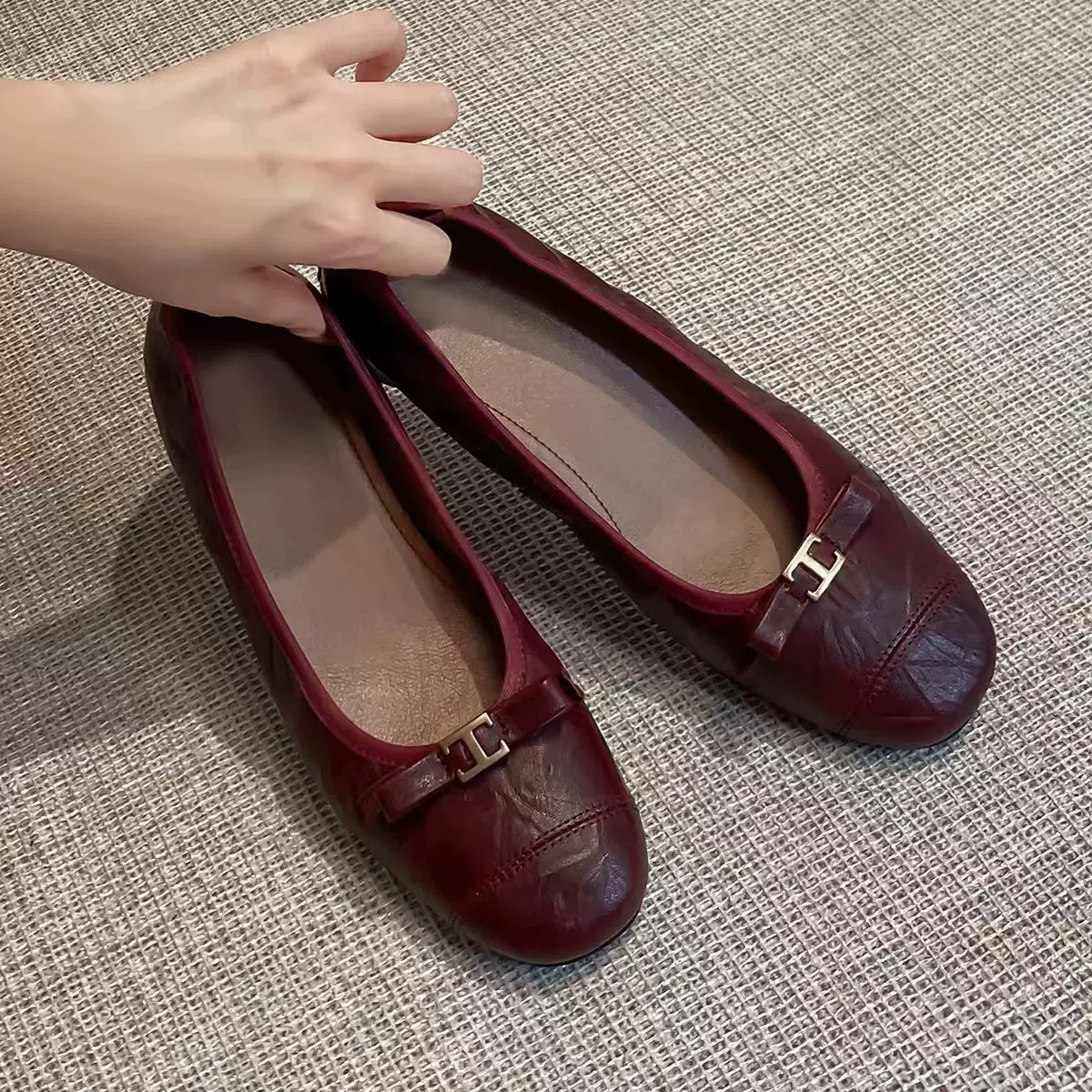 现货~法式复古软羊皮低跟单鞋女2025新款圆头浅口一脚蹬奶奶鞋女