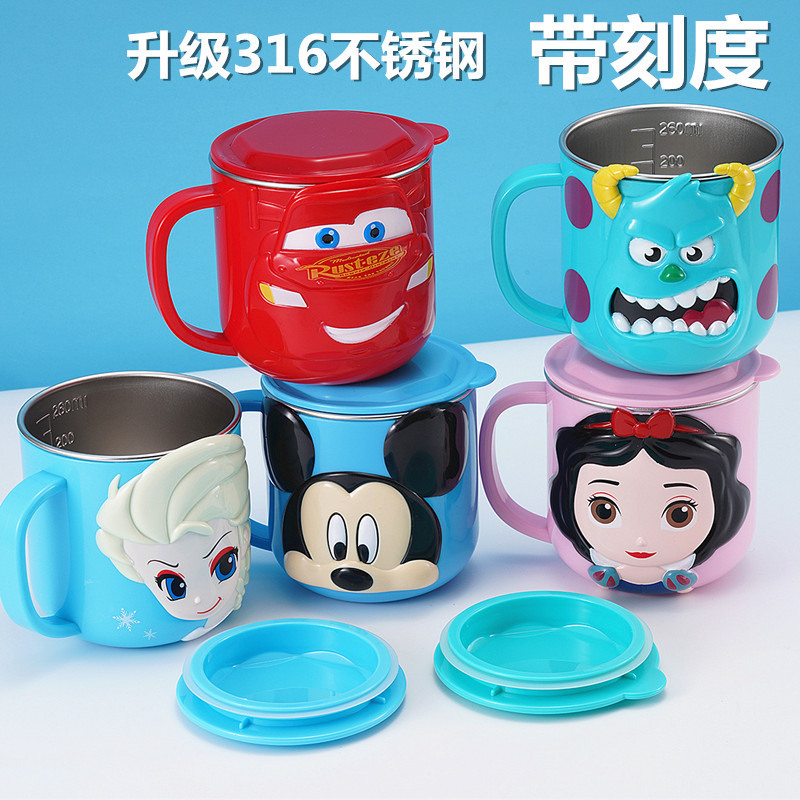 Taza de acero inoxidable para niños de Disney Taza de agua para niños Taza de agua para bebés Taza de leche casera anticaídas Set de cubiertos para bebés